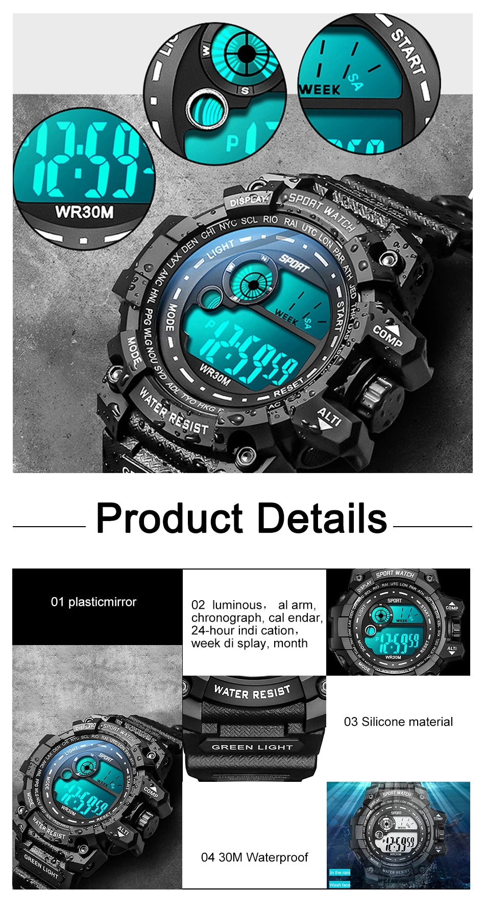 Montres numériques à LED pour hommes, mode Shoous, sport, étanche, date, armée, militaire, horloge, nouveau