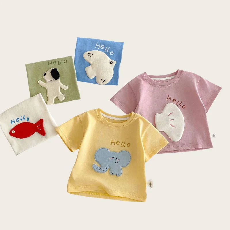 Nouvelle collection été 2026 : T-shirt décontracté à manches courtes pour enfants (0-5 ans) avec patchs de dessins animés mignons et imprimé lettres – Doux et confortable pour filles et garçons