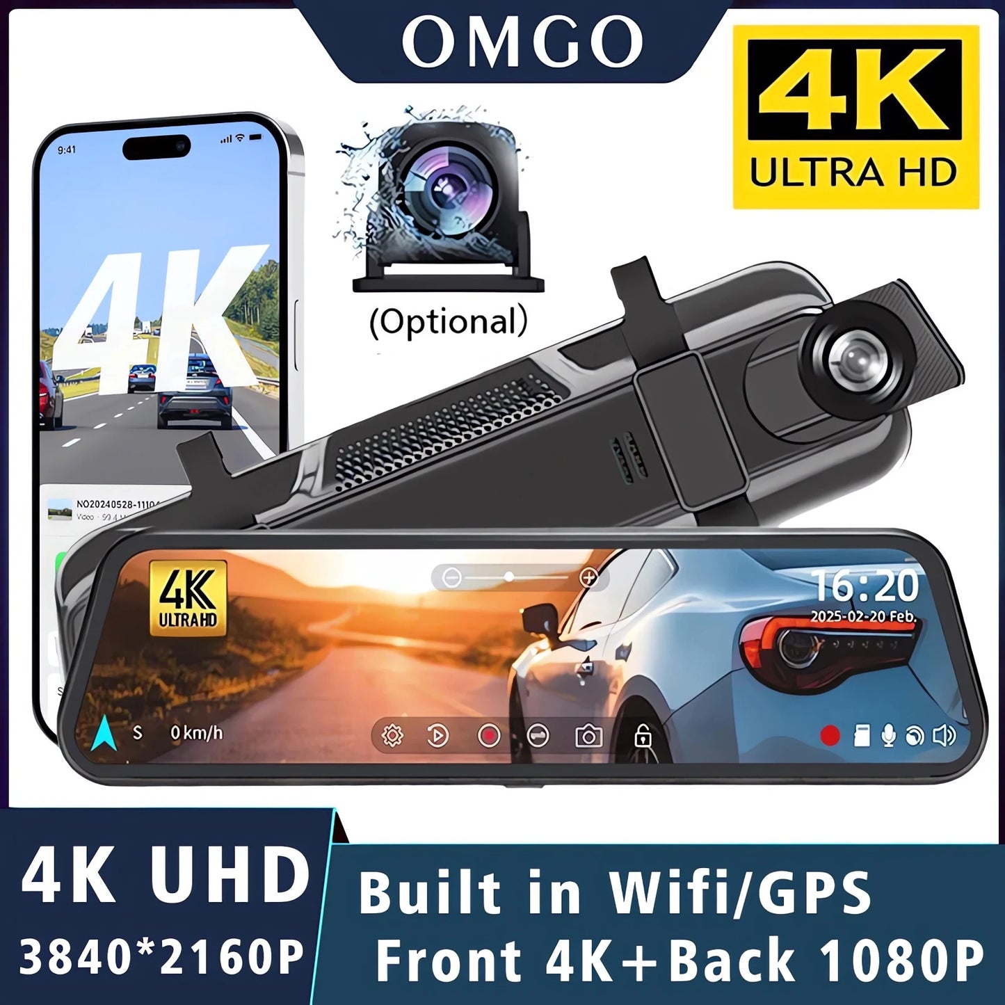 Dashcam Rétroviseur 4K 10" GPS WiFi — Double Lentille IPS Enregistreur Flux
