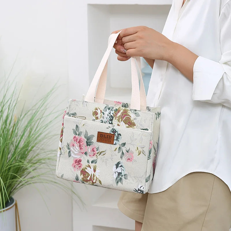 Sac à déjeuner esthétique imprimé Floral, sac à Bento isolé de grande capacité, sac à main isotherme pour l'école, le travail, les voyages et le pique-nique