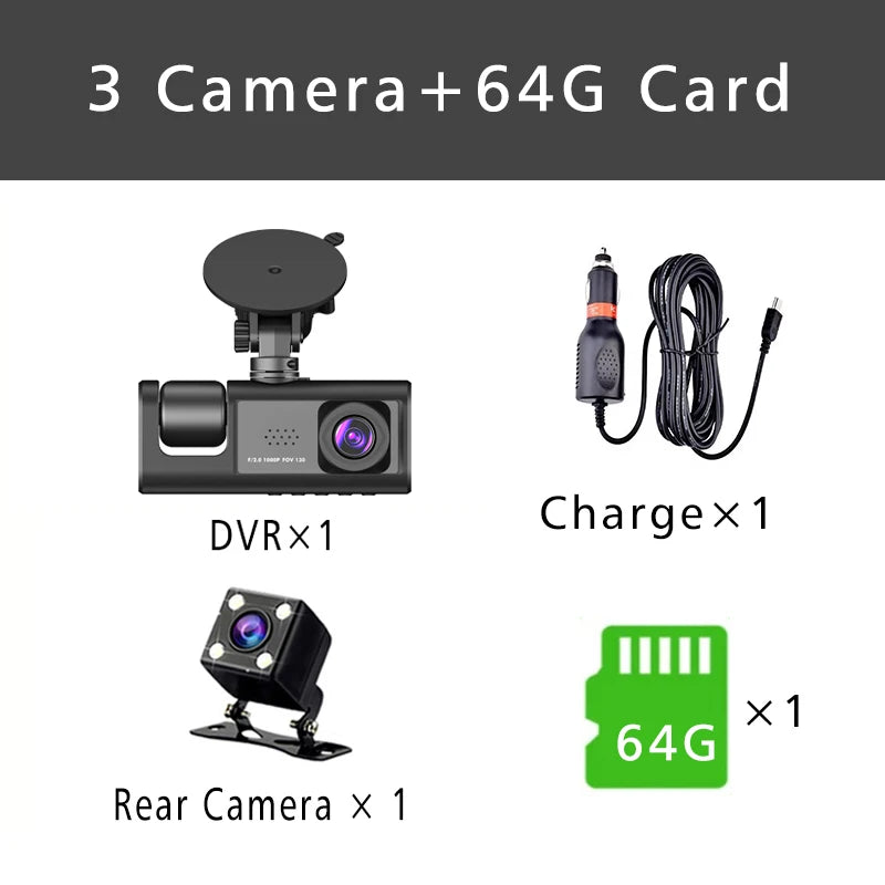 Dashcam 3 Canaux HD 1080P Triple Lentille — DVR Véhicule Intérieur Enregistreur