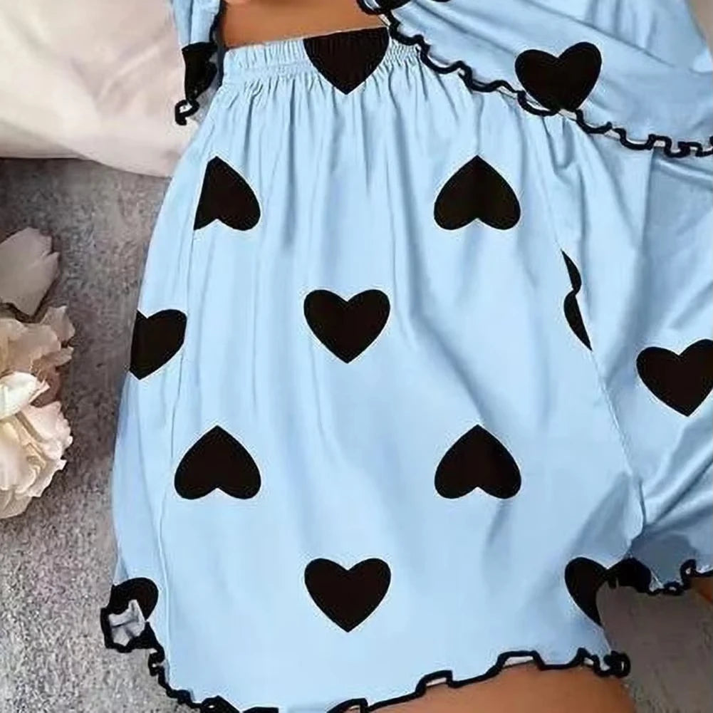 Women's Pajama Set, T-Shirts and Shorts, Pink Heart Print T-Shirt, Round Neck, Ice Silk Top, Comfortable and Casual, Summer