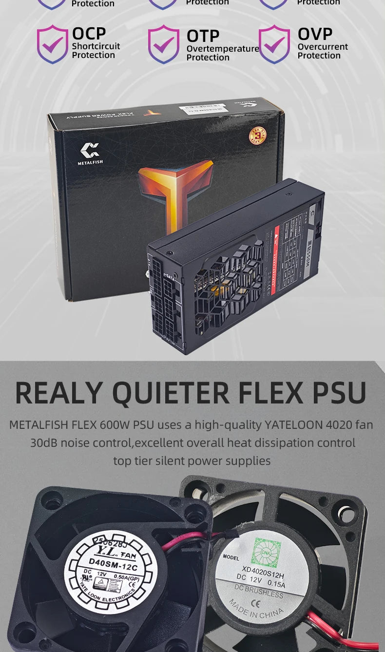 METALFISH Flex 500/600W 80PLUS or alimentation modulaire complète Flex-ATX 1U PSU pour ITX Mini PC POS NAS GPU Dock 90 ~ 264V