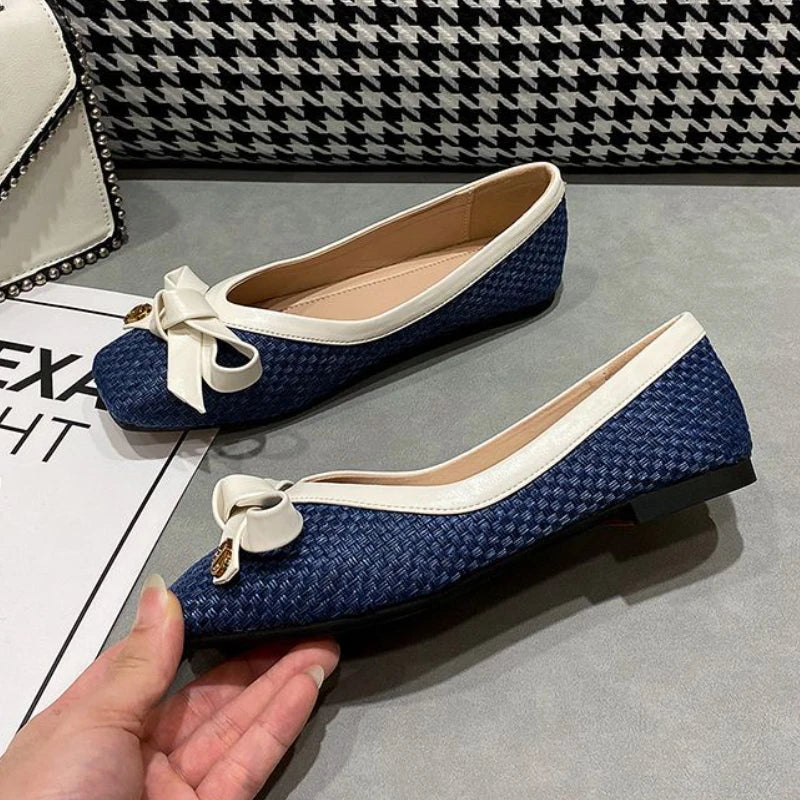 Women's shoes 2025 new woven knot square toe women's ballet flats soft sole large size women's fashion shoes Chaussure Femme