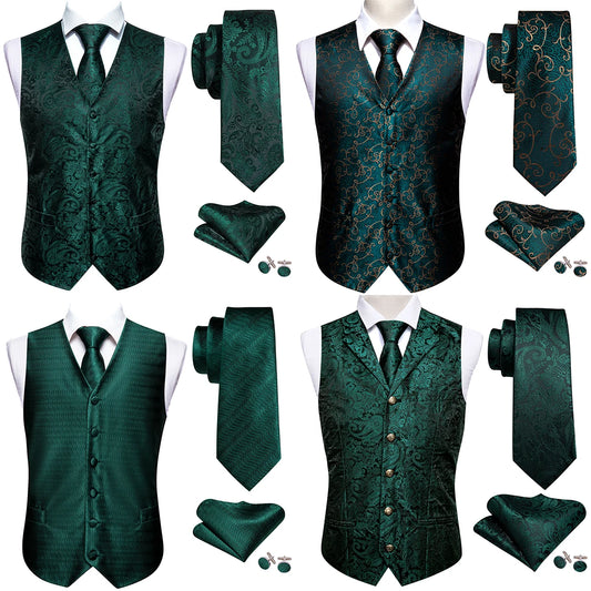 Lujo para hombre, conjunto de chaleco verde Paisley Floral Slim, para hombre, chaleco de vestir sin mangas, formal de trabajo, con corbata y pañuelo, de Barry Wang