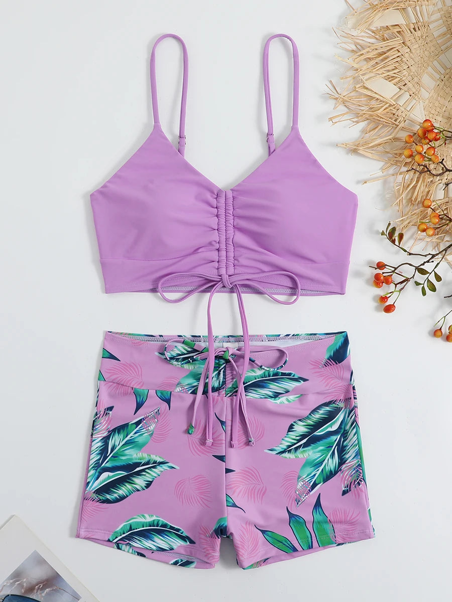 Maillots de bain femme 2026 : Bikinis short à cordon de serrage devant, taille haute, pour la natation et la plage