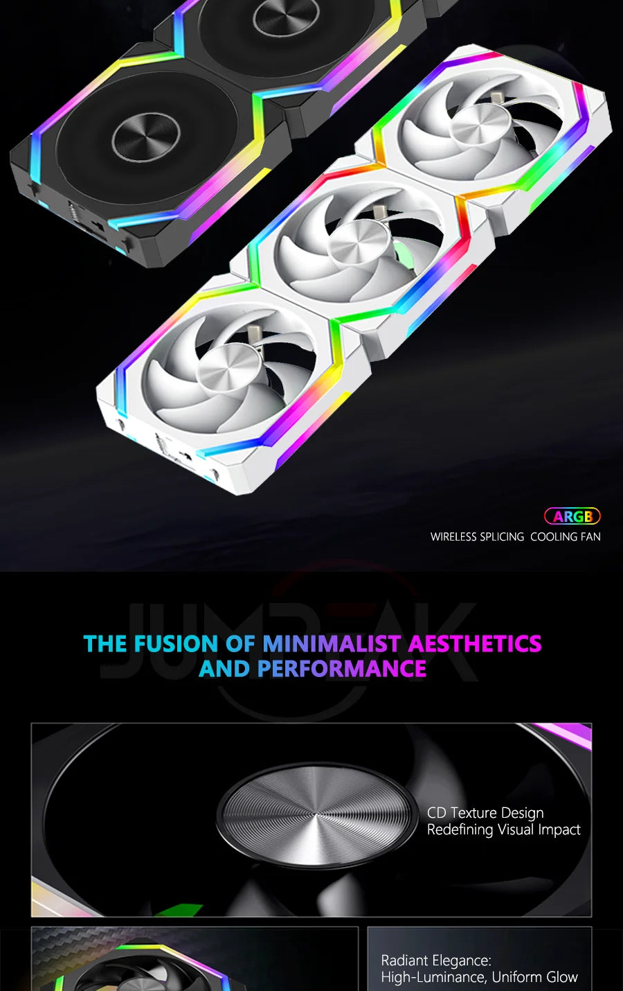JUMPEAK CS120 ARGB ventilateur de refroidissement 360mm 240mm épissage empilable modulaire PWM silencieux 120mm RGB ventilateurs pour boîtier PC de jeu refroidisseur d'eau
