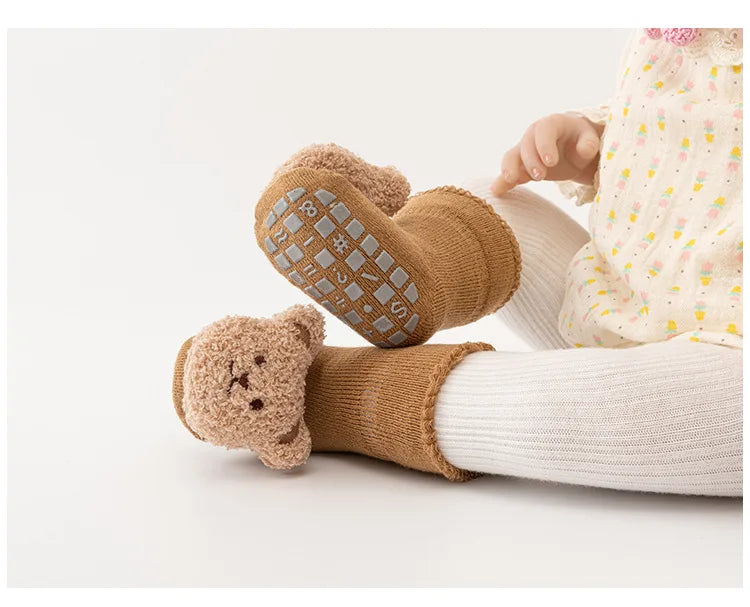 Chaussettes coordonnantes en coton doux pour bébé, chaussettes épaisses pour enfants, nouveau-né, tout-petit, mignon, ours de dessin animé, solide, garçons, filles, hiver, nouveau
