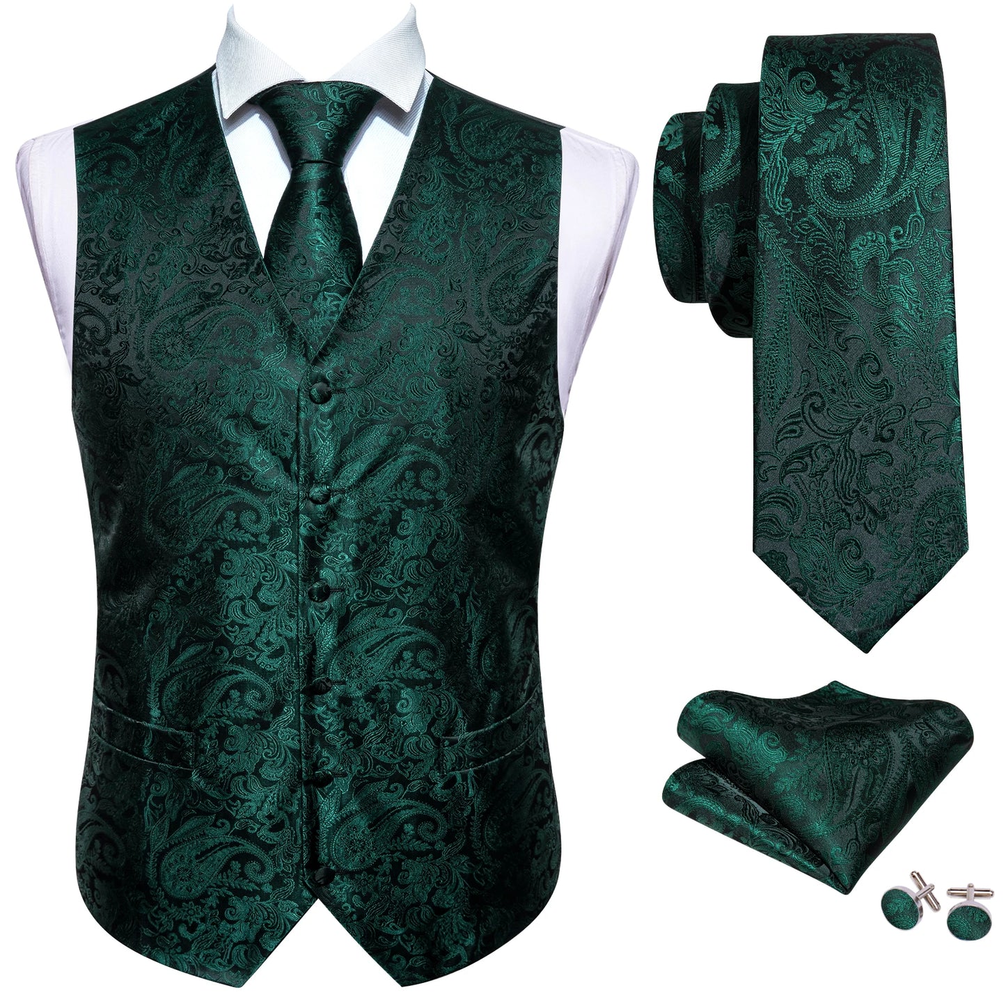 Gilet pour homme vert Paisley Floral slim — sans manches, formel, cravate, pochette assortie