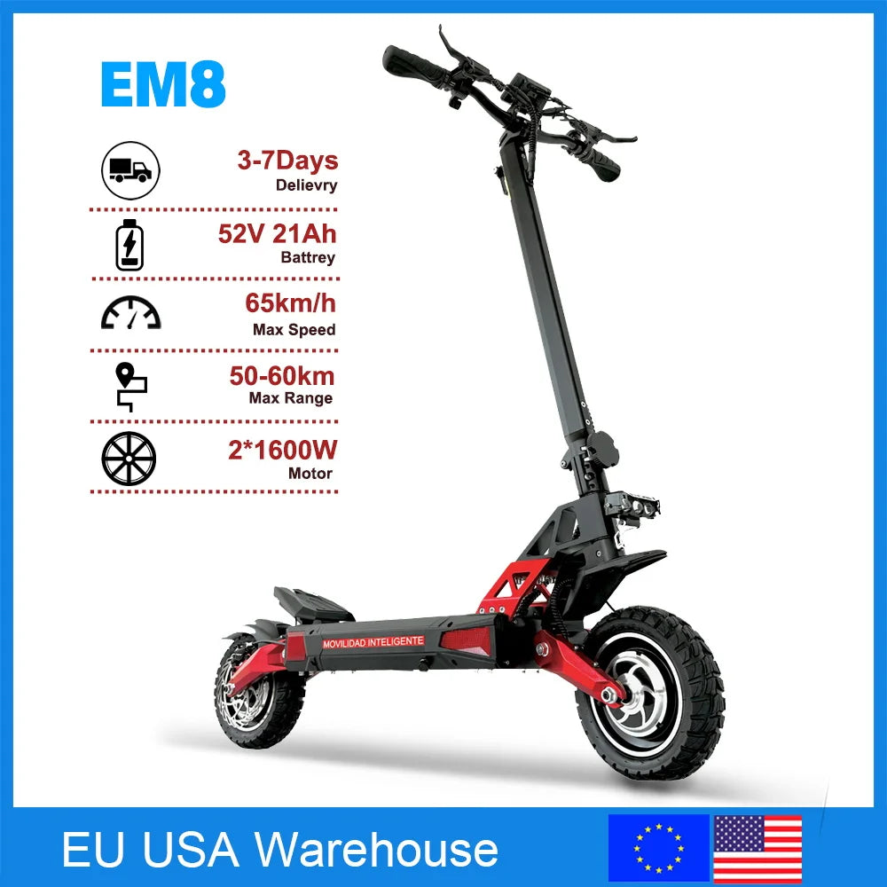 Adult All-Terrain Aluminum Alloy Scooter, Foldable Electric Scooter with Dual Suspension, 52V, 30ah, EU/US/UK Warehouse