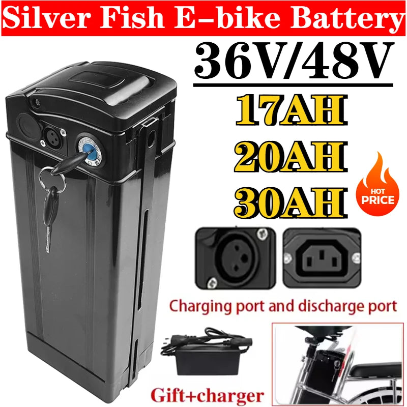 Silverfish Battery For Electric Bike, 48V 36V 20Ah, 30Ah, 17Ah, High Capacity Batteries, 18650 Cells Power 200-2000W