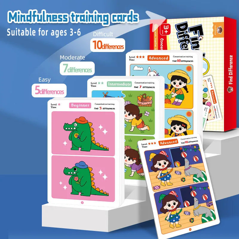 Trouver des différences Jeu de cartes Puzzle éducatif de dessin animé réutilisable pour enfants Trouvez des niveaux de difficulté pour la formation à l'attention de concentration