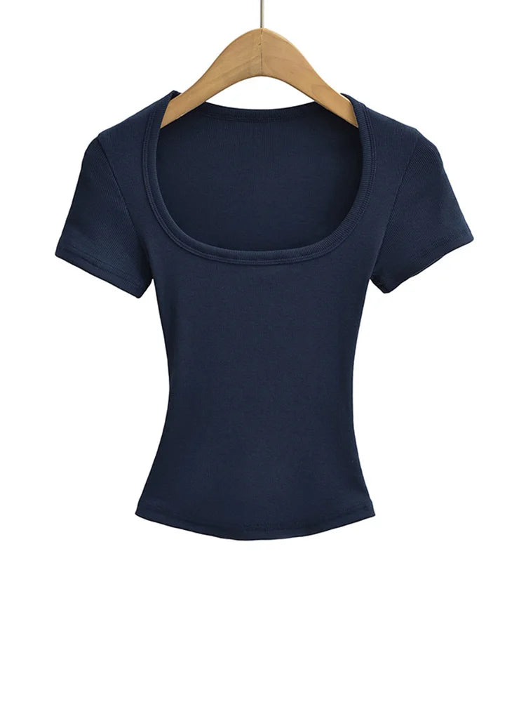 Haut Court Col Carré Femme — Coupe Cintrée, Extensible, Manches Courtes, Sexy Été