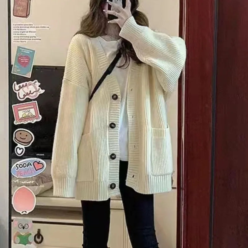 Cárdigan de mujer otoño invierno, abrigos suéter, moda femenina, cuello en V, manga larga, suelto, punto, chaquetas, suéter, cárdigan informal