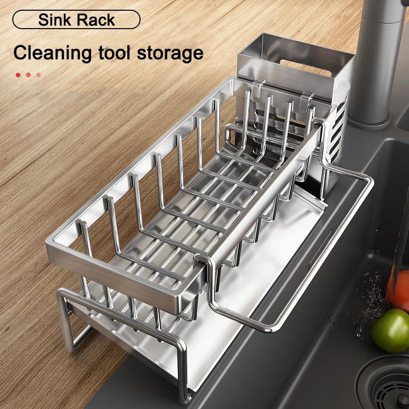 Support de rangement pour outils de nettoyage d'évier, égouttoir multifonctionnel en acier inoxydable pour cuisine, organisateur de nettoyant pour éponge, cintre pour chiffon