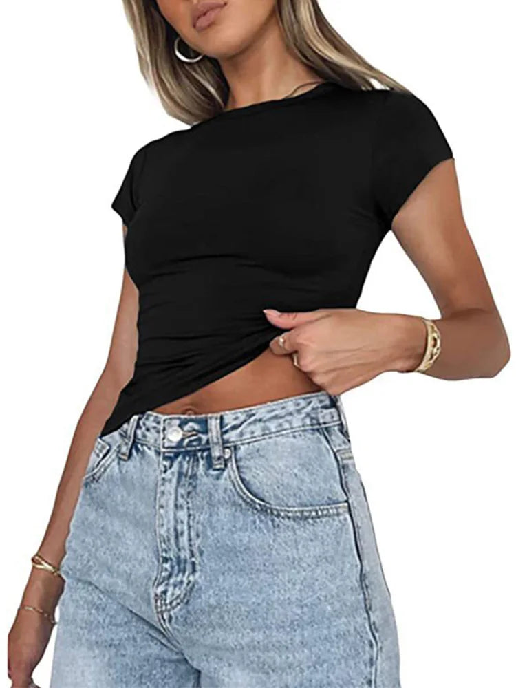 Tops courts Y2K vintage Harajuku pour femmes, couleur unie, esthétique été 2026, t-shirts tube décontractés, vêtements vintage