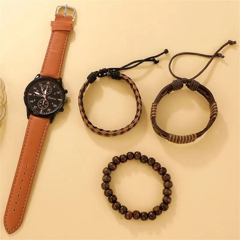 New Men Luxury Watch Bracelet Set Business Fashion Brown Leather Quartz Watches for Men Gift Relogio Masculino
