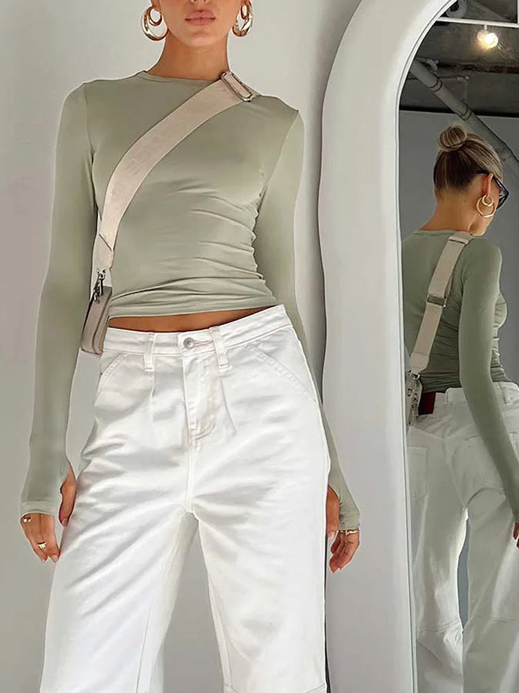 Haut Court Femme Manches Longues — Trous Pouces Streetwear Coupe Ajustée