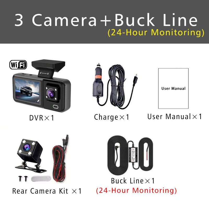 Dashcam 3 Canaux WiFi HD 1080P — Cabine Véhicule DVR Triple Voie Enregistreur