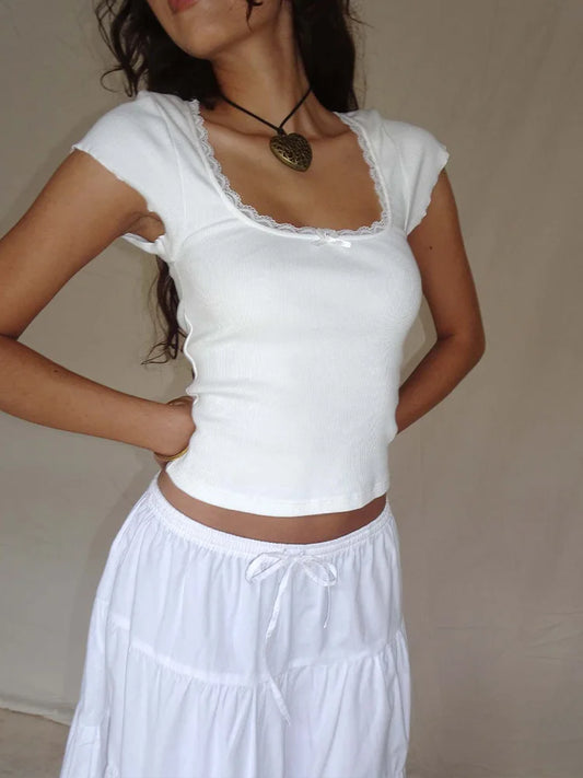 T-Shirt Y2K Dentelle Tricoté Femme — Col Carré Manches Courtes Blanc Court