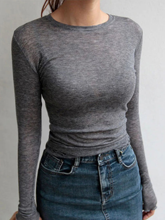 T-Shirt Manches Longues Femme — Élastique Basique Décontracté Fin Transparent
