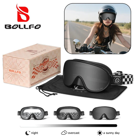BOLLFO Vintage Photochromic Motorcycle Goggles Motocross Riding Gear UV400 Anti-Fog Ski Snowmobile Snowboard Goggles