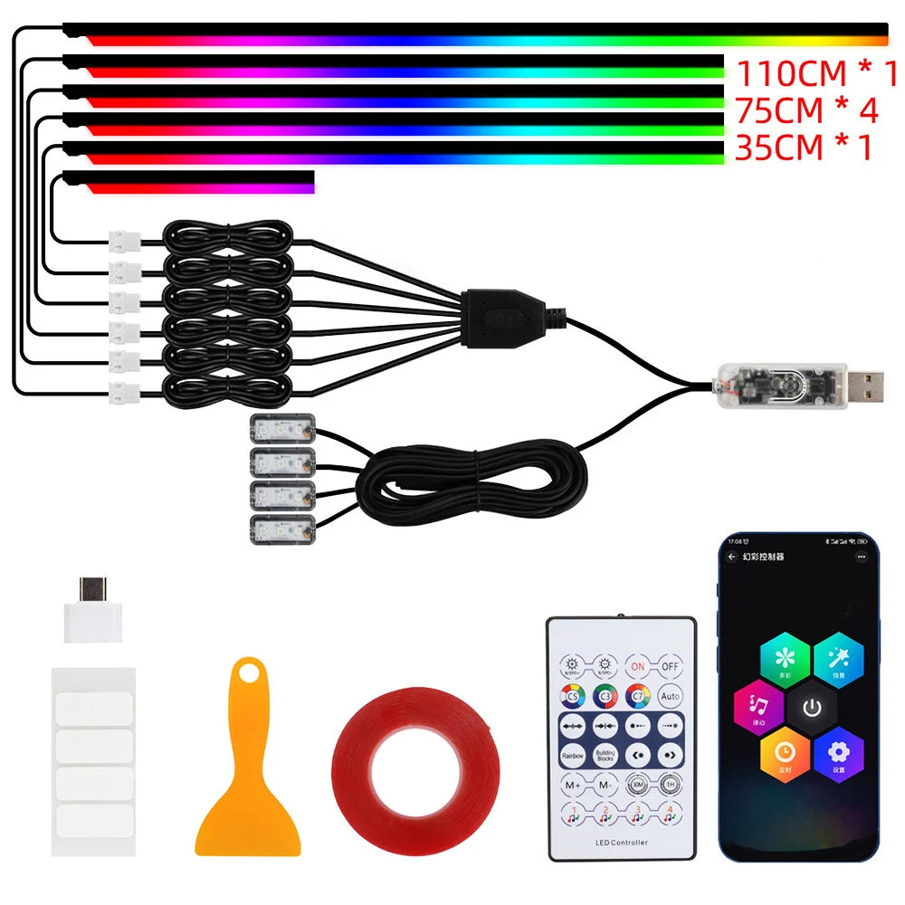 Luces LED de ambiente para coche 18 en 1, sinfonía, aplicación Bluetooth, serpentina de color RGB 214, tira acrílica ar