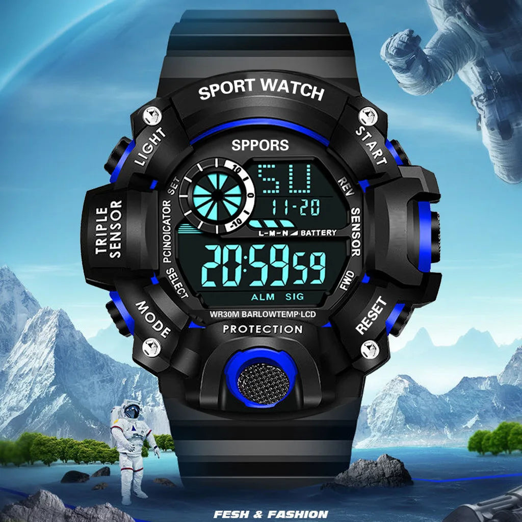 Montre pour hommes de mode sport montre-bracelet électronique grand cadran multifonctionnel étanche alarme lumineuse enfants montre militaire pour hommes