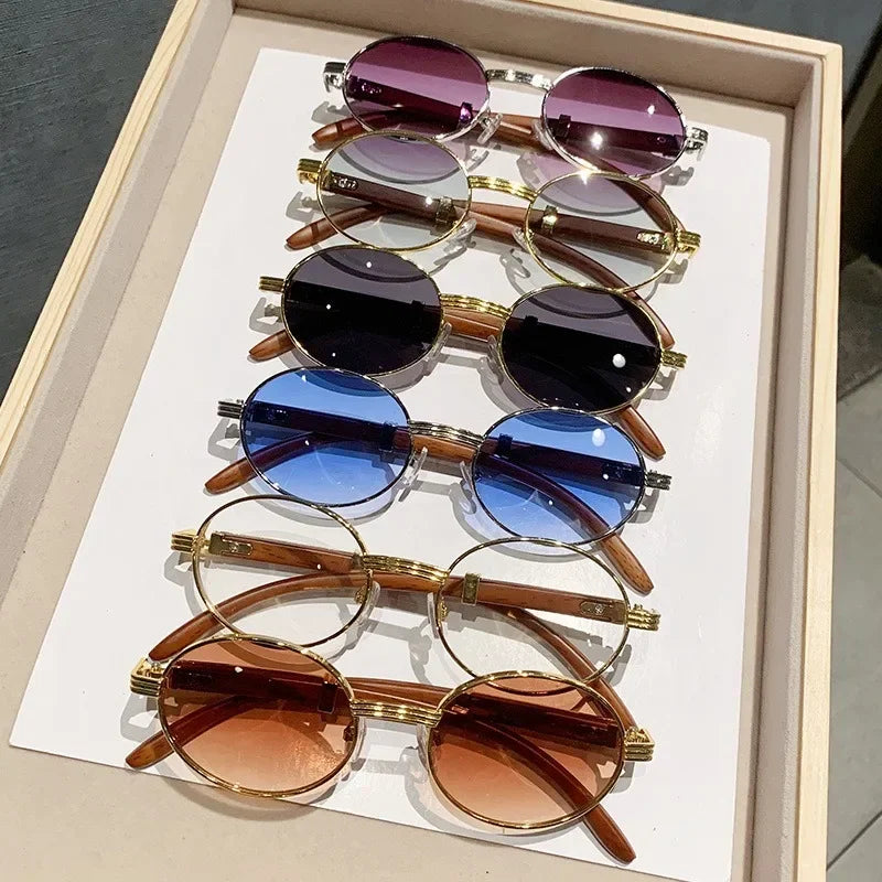 Lunettes de soleil ovales en bois pour hommes et femmes — vintage, mode