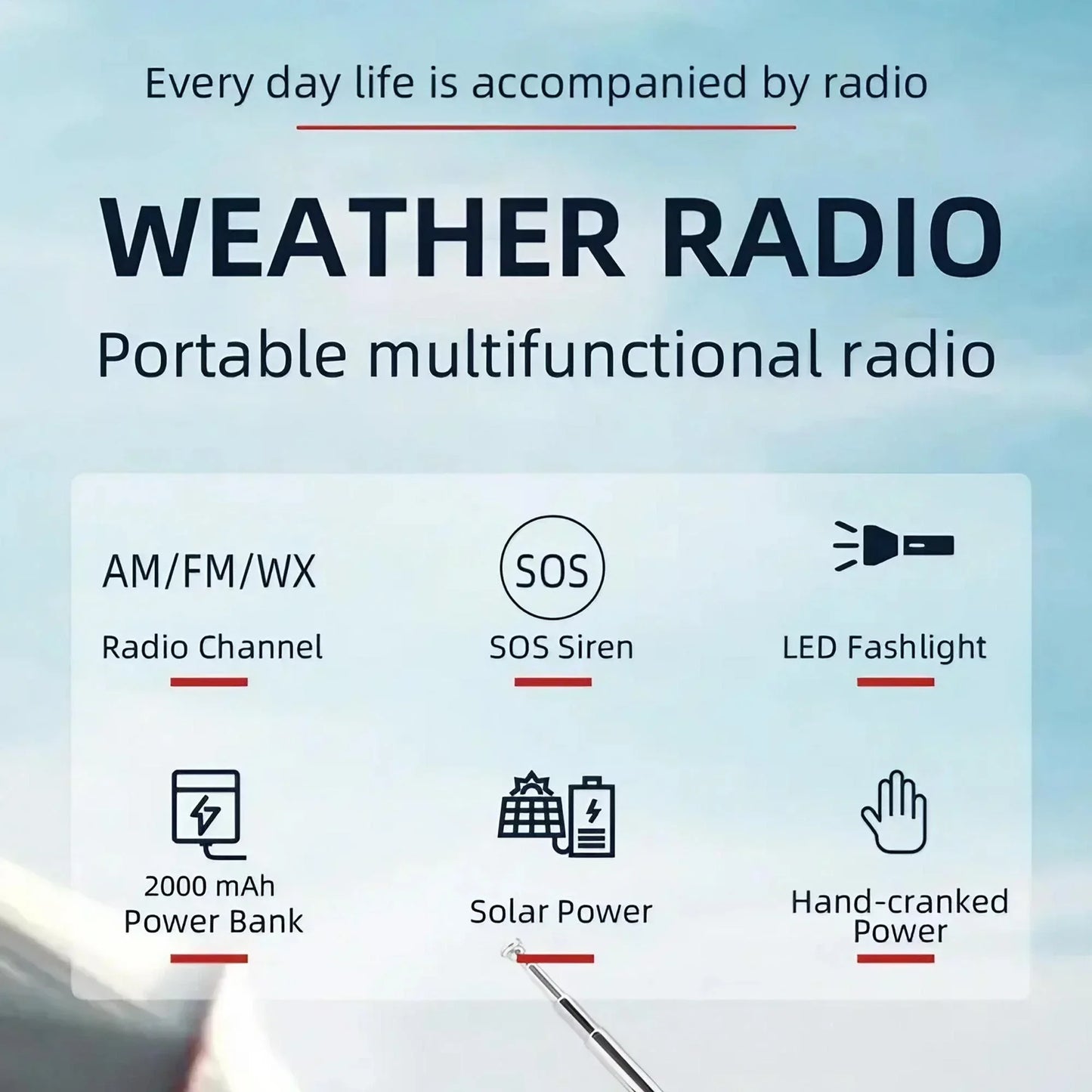 Radio météo d'urgence multifonctionnelle, FM AM WB, manivelle, charge USB solaire, batterie externe 2000mAh, lampe torche LED