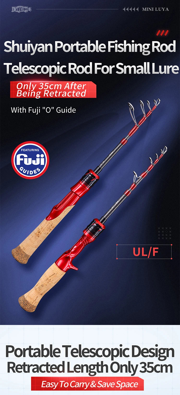 WEIHE 1.5m 1.68m Shuiyan canne à pêche télescopique portable en carbone cannes à pêche pour petit leurre utilisation filature canne à pêche pesca