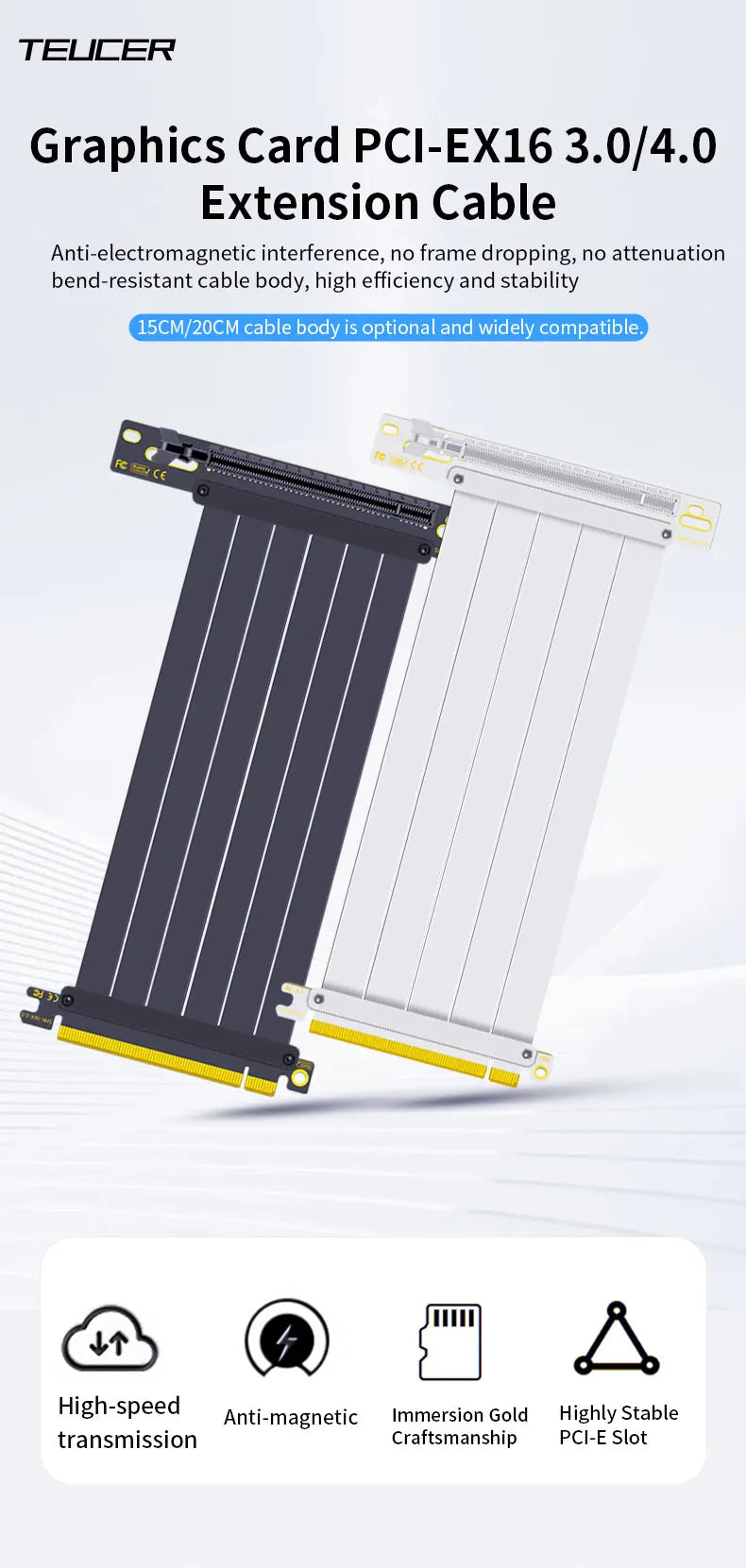 Teucer support de montage GPU Vertical support de carte graphique PC PCI-E 3.0/4.0x16 Anti-interférence Flexible 90 °   Câble d'extension
