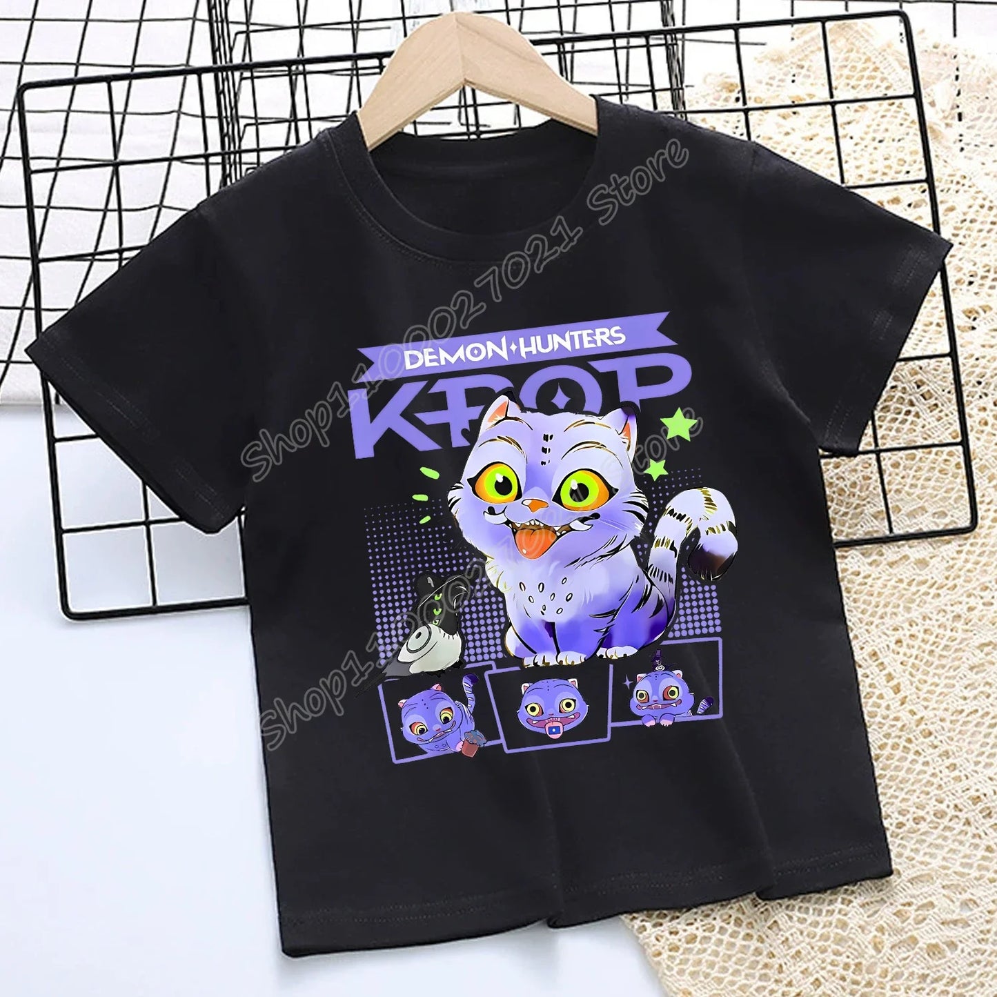 Camiseta de K-Pop Demon Hunters para niños, camiseta negra de dibujos animados para niñas, cuello redondo, ropa de manga corta