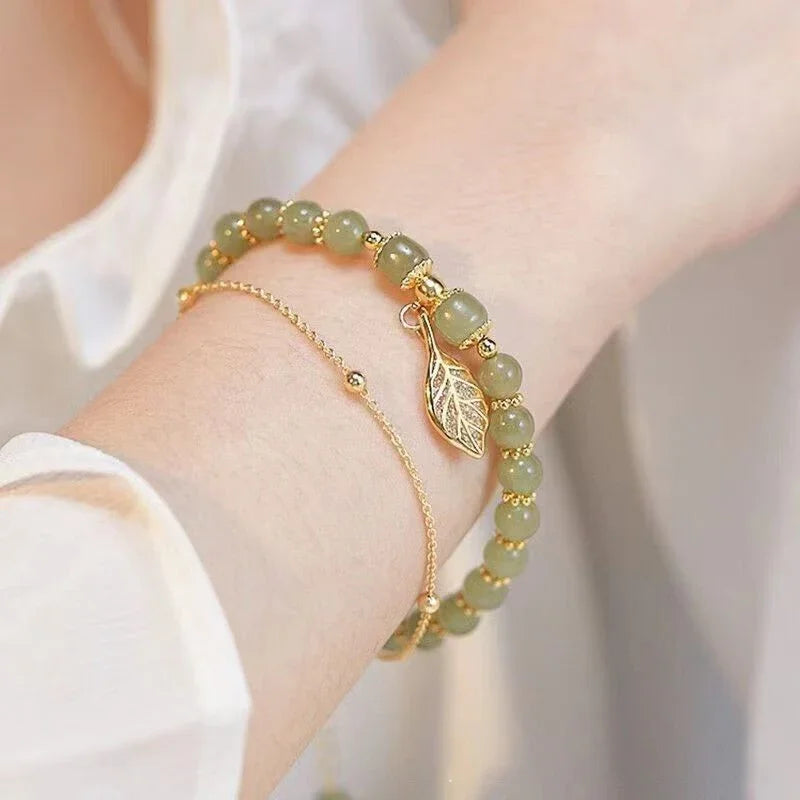 Pulsera de Jade verde de estilo chino para mujer, exquisita pulsera de cadena doble con hojas de color dorado, regalos para niñas