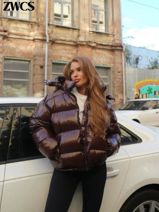 Women's Hooded Coats with Solid Shiny Zipper, Pleated Short Cotton Jacket, Warm Elastic Waist, New 2025 Winter Collection, Street Outerwear