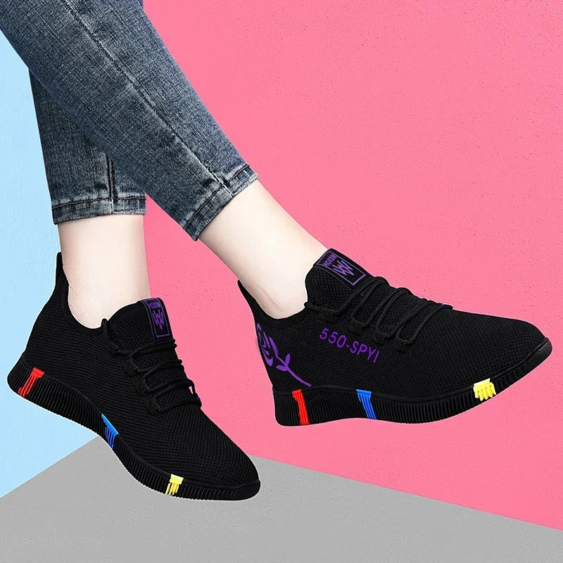 Women's Tennis Shoes 2024 Vulcanized Shoes Air Mesh Lightweight Soft Sneakers Women's Flat Platform Lace-Up Casual Shoes Basket Femme