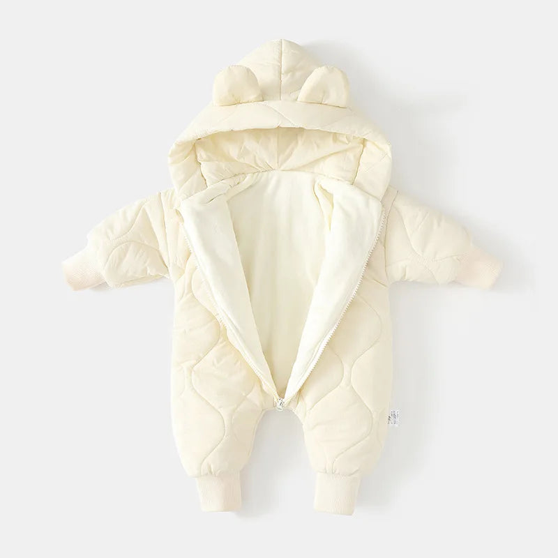 Baby Winter Outerwear, Fur Lined, Warm Infant Romper, Girl and Boy Cartoon Bear Jumpsuit