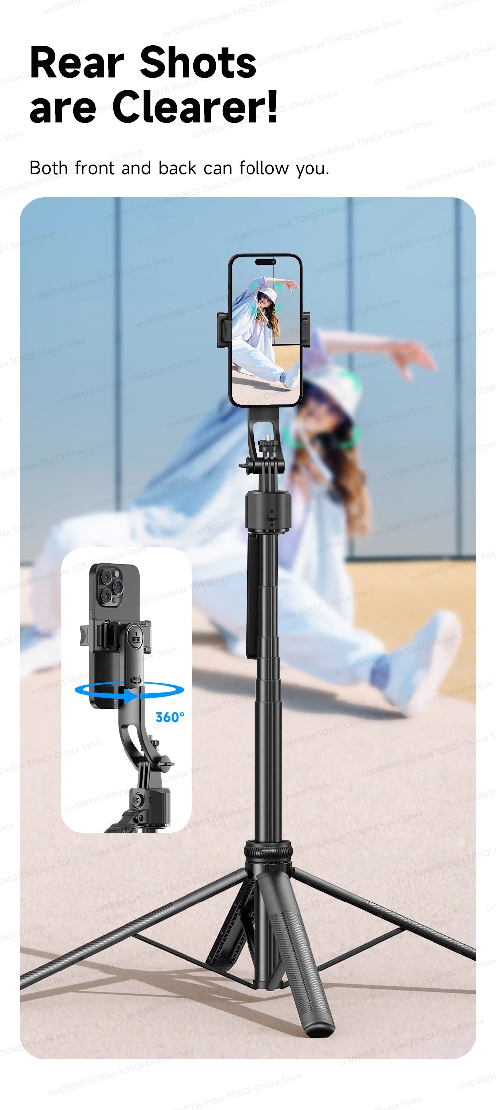 TOKQI C17 – Trépied selfie 360° avec suivi IA automatique, télécommande et lumière de remplissage