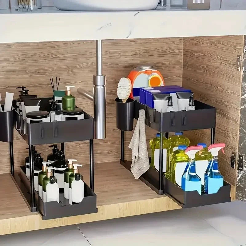 2-Tier Multifunction Kitchen Sink Organizer, Sliding Cabinet Basket with Hooks, Hanging Cup, New Space-Saving Stand for Bathroom and Kitchen