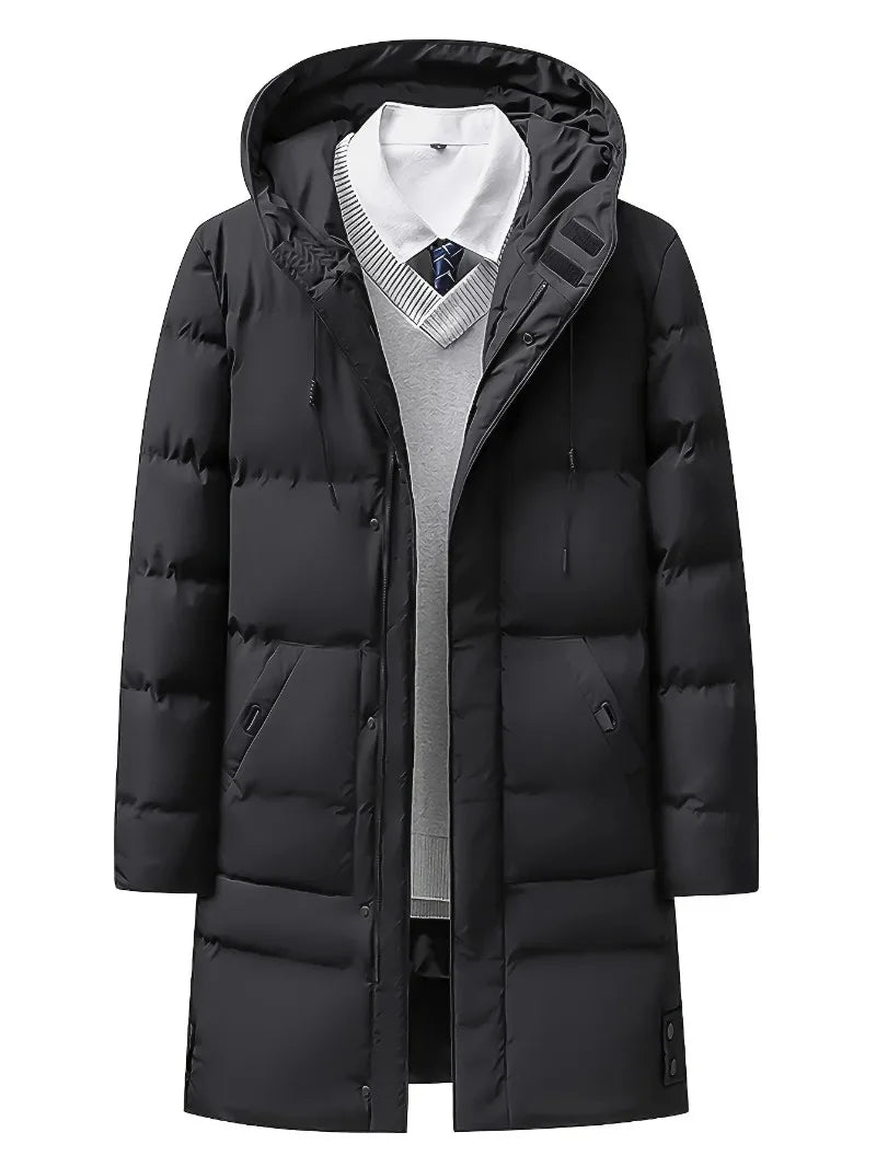 Men's Thick Winter Coat, Cold Weather Windproof Jacket with Full-Length Zipper, Long Hooded Formal, Large Front Pockets