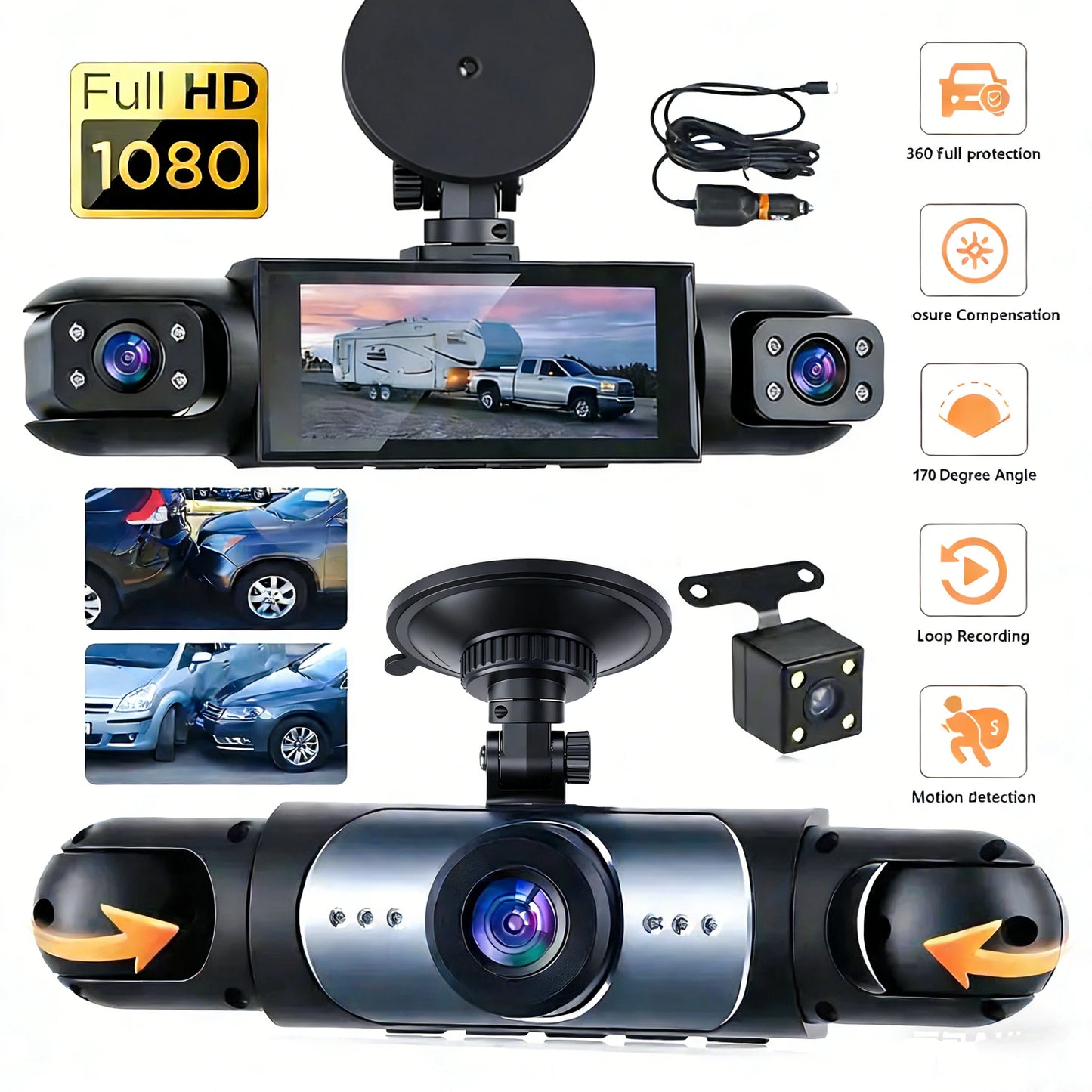 Dash Cam Vehicle DVR 4-Camera Video Recorder for Cars Black Box Front Rear Internal Night Vision Loop Recording 360 Car Dashcam