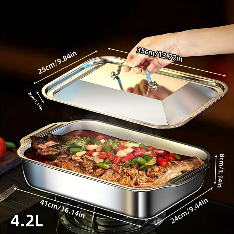 4-Piece Stainless Steel Roaster Pan Set with Lids, 16" x 9" Deep Dish for Fish/Pasta/Roasting Oven, Dishwasher-Safe Cookware, 4.2 L