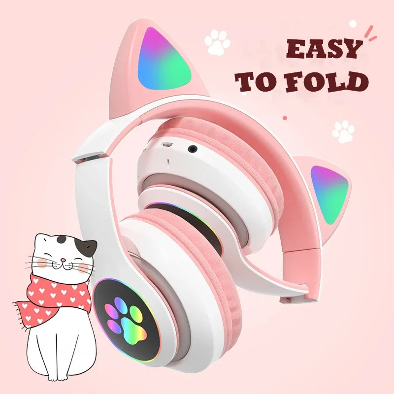 Lampe Flash oreilles de chat mignonnes, casque d'écoute stéréo bluetooth 5.0 avec Support de micro, carte TF, sans fil, pour enfants filles, cadeau d'anniversaire