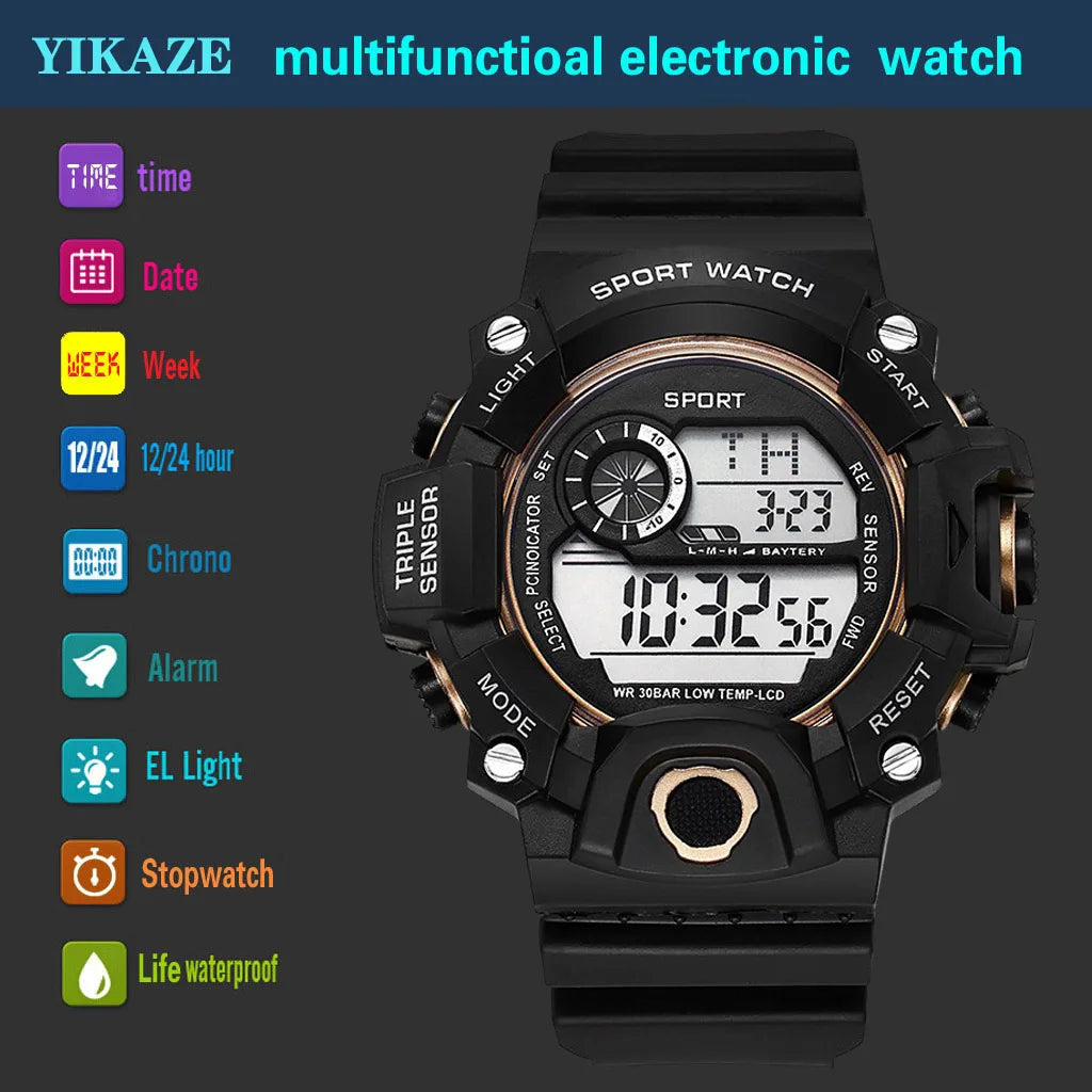 Montre pour hommes de mode sport montre-bracelet électronique grand cadran multifonctionnel étanche alarme lumineuse enfants montre militaire pour hommes