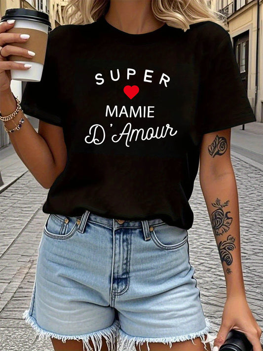 T-shirt pour femme imprimé lettres — manches courtes, col rond, décontracté, été, printemps