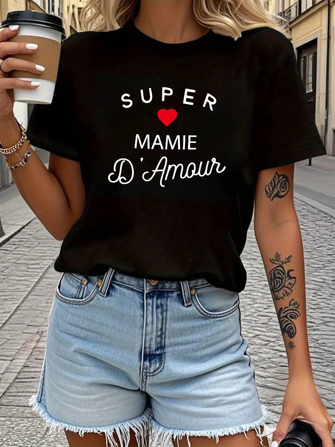 T-shirt pour femme SUPER MAMIE D`Amour avec imprimé lettres, manches courtes, col rond, style décontracté pour l'été et le printemps