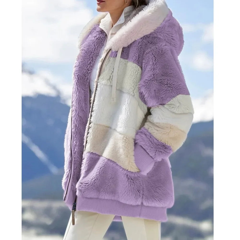 Abrigo de invierno para mujer 2025, chaqueta de mujer con cremallera y capucha, empalmado, cachemira gruesa, chaqueta de mujer, costura a cuadros, abrigos de mujer