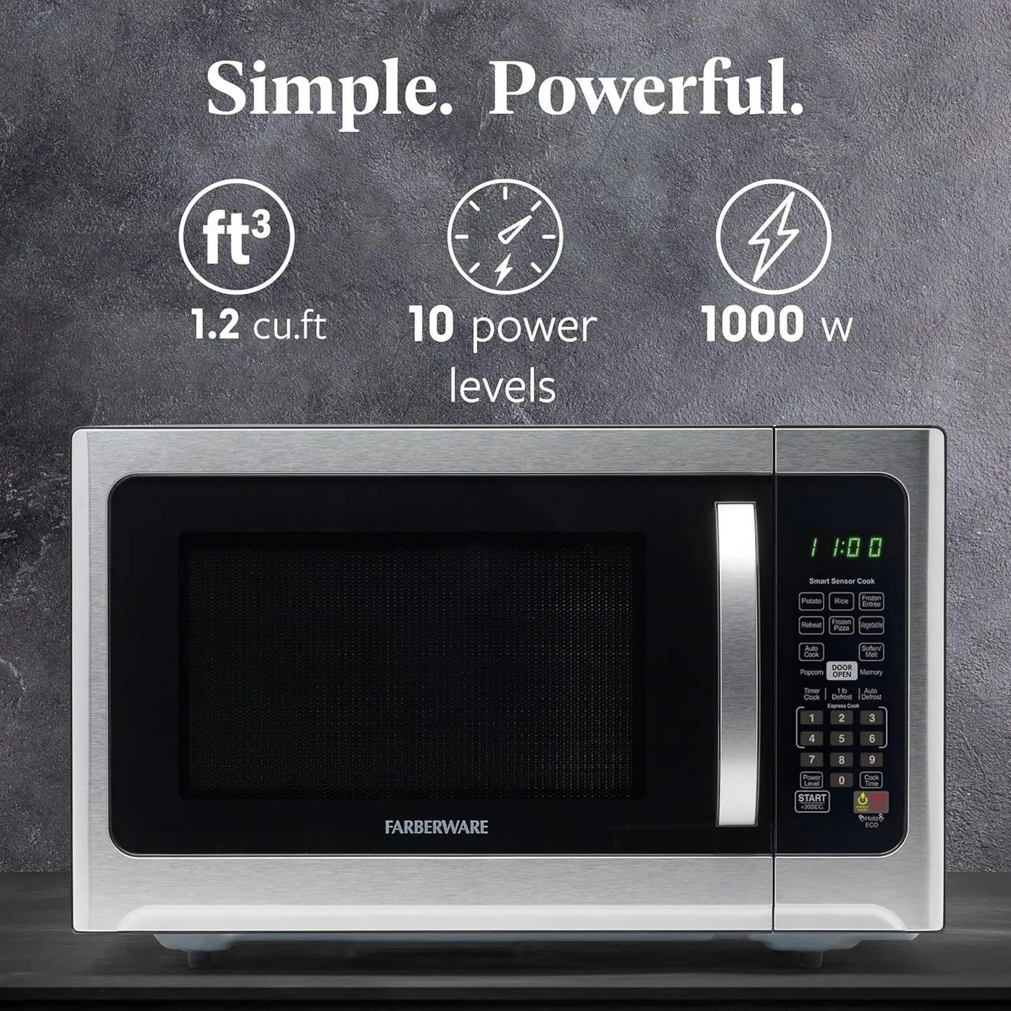 1,2 pies cúbicos. Horno de microondas de encimera – 1000 W de potencia, configuración de cocción automática inteligente, descongelación, fácil limpieza y bloqueo para niños