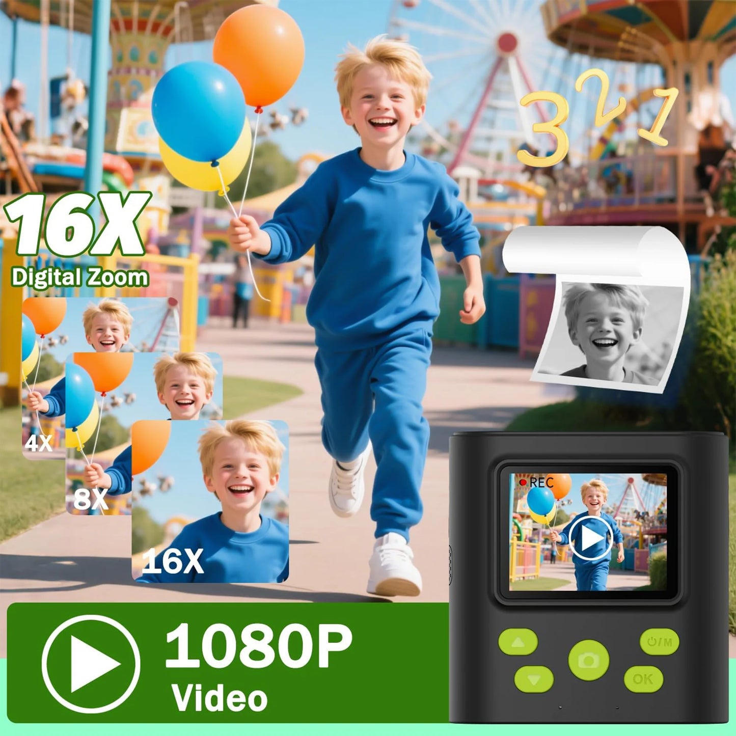 Appareil photo numérique avec impression pour enfants — 3 papiers d'impression, carte 32G, cadeau filles et garçons