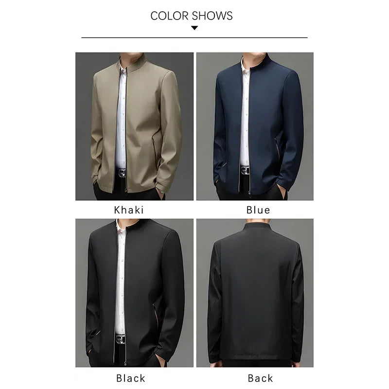 BROWON Men's Casual Daily Jacket Solid Color Stand-up Collar Work Business Wear-Resistant Autumn Jacket for Men's Commuting